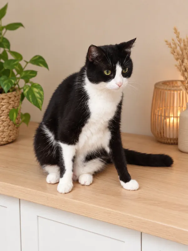 Beebo, chat noir et blanc, assis sur un buffet en bois clair à côté d’une plante verte