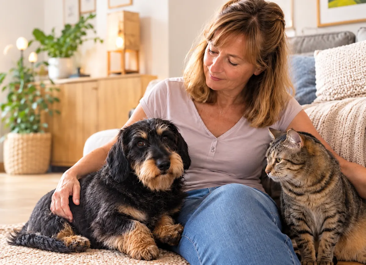 Dans un salon lumineux, une femme assise au sol caresse un chien noir et feu à poil dur, à côté d’un chat tigré